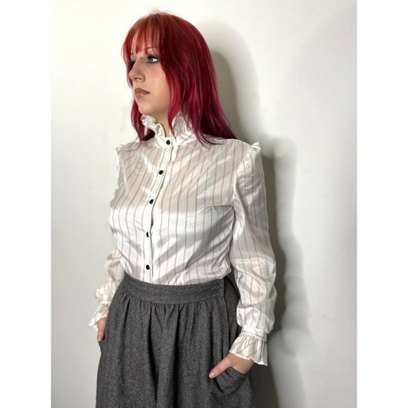 Vintage 80s High Collar Ruffle Blouse Size M Medium Striped Edwardian Gothic - Picture 5 of 8